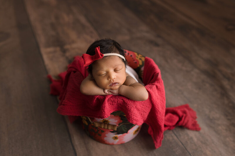 Baby girl in a floral prop on barnwood in studio