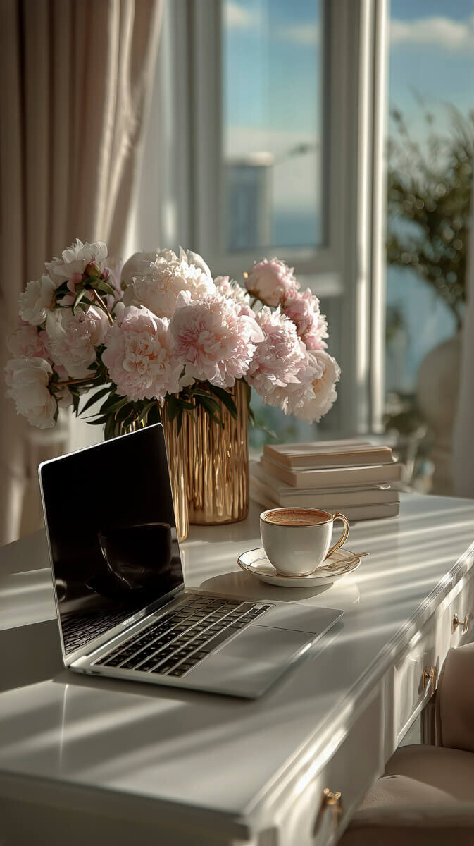 Elegant writing workspace with morning light through linen curtains, white desk with Apple laptop, gold vase of soft blush pink peonies, white porcelain teacup with gold rim, and books, symbolizing personal connection and invitation to Nita Tin’s newsletter.