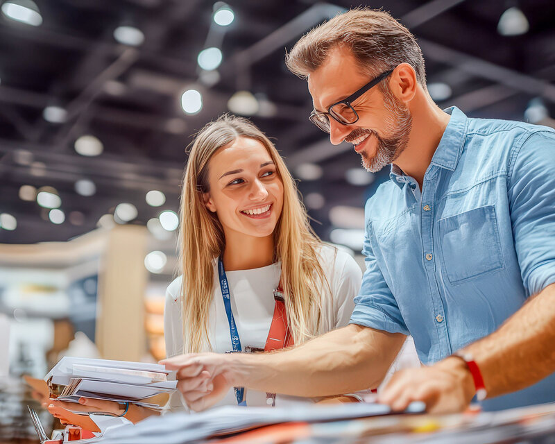 A woman and a man working together at a conference