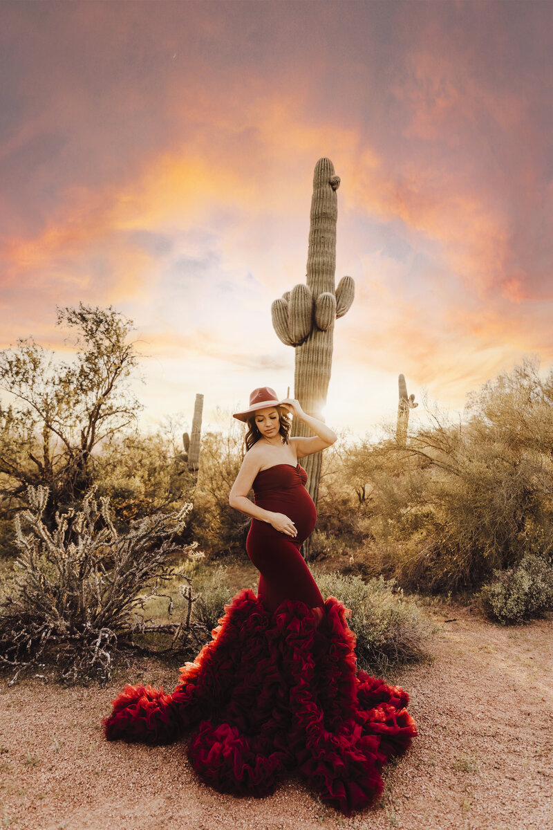 beautiful red dress maternity picture