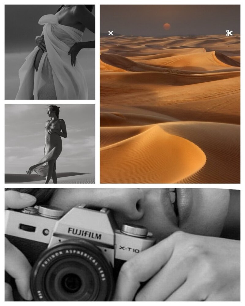 A woman in a flowing dress walks hand-in-hand with a child across a sandy desert with gentle dunes under a clear sky.