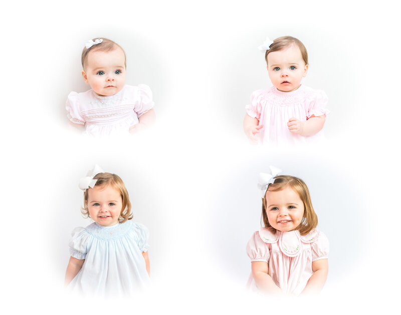 Four portraits of young children wearing smocked dresses in pastel colors with bows in their hair.