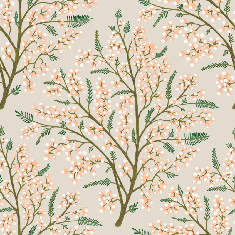 Flowering spring tree pattern with neutral toned hand drawn blossoms in Pantone Peach Fuzz, mossy green, and creamy clay colors - pattern is available for licensing