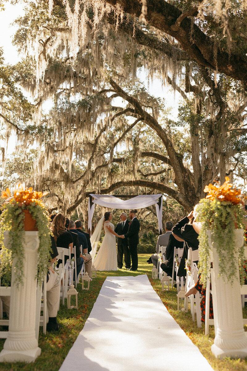 Bride and groom standing under a Spanish moss covered oak tree in Tallahassee, FL