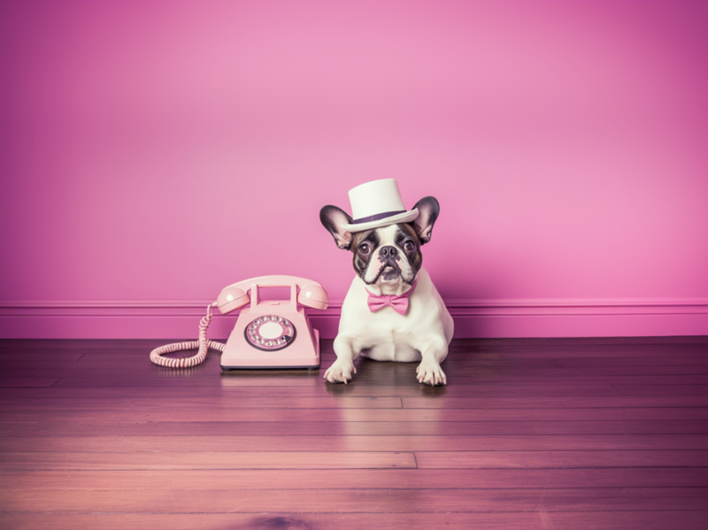Dog beside a retro telephone on pink retro style-photo shoot