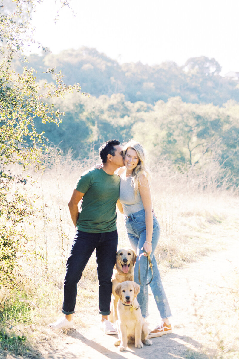 groom kisses his bride on the cheeck while their two dogs are sitting and looking at the camera
