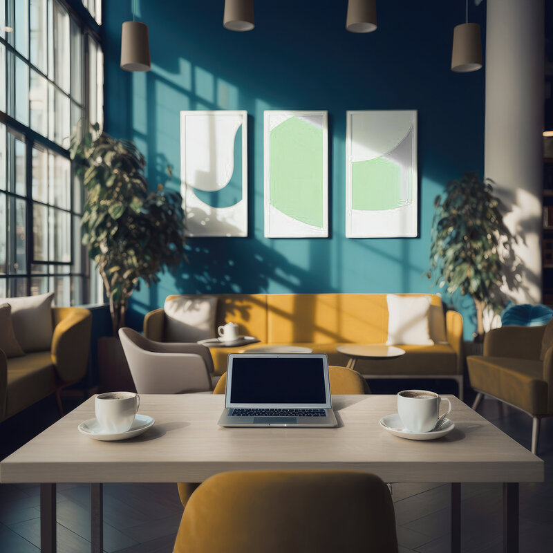 Minimalist home office with laptop, coffee cup, and graphic wall art.