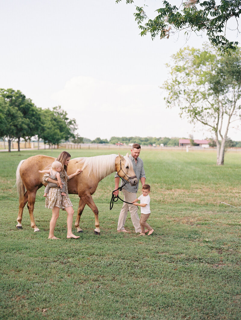 Mom and dad walking with their two small children leading a horse through a grassy field