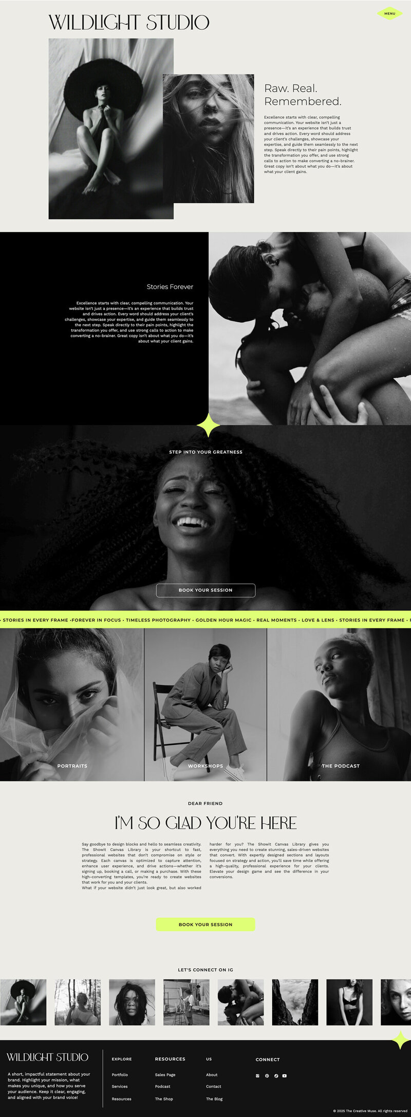 Desktop view of Eleanor Showit website template with elegant layout, large image sections, and clear navigation for coaches and creatives.