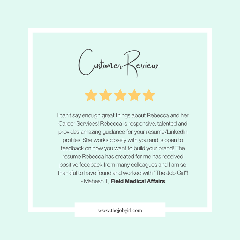 5-star client review for The Job Girl from high-achieving professionals in pharma, biotech, life sciences, and executive leadership roles.
