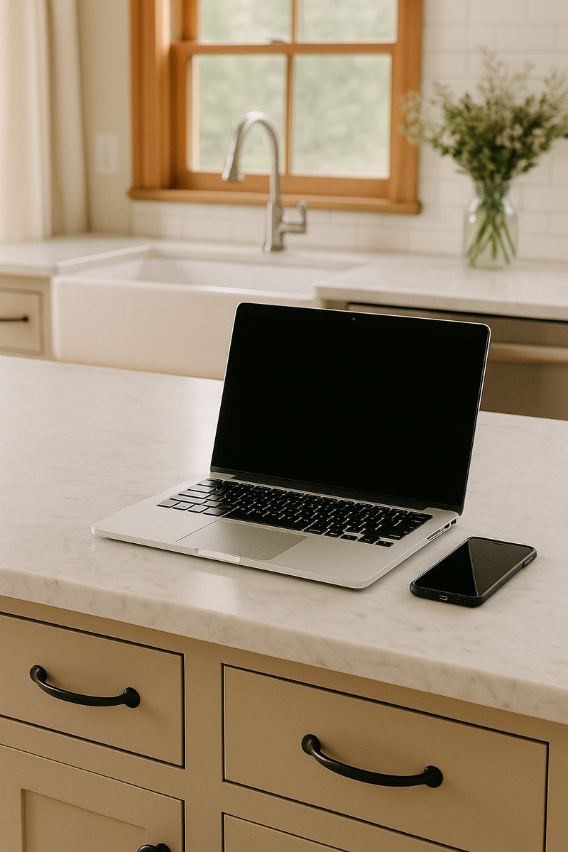 Bible, coffee cup, spiral notebook, and MacBook on coffee table in farmhouse living room