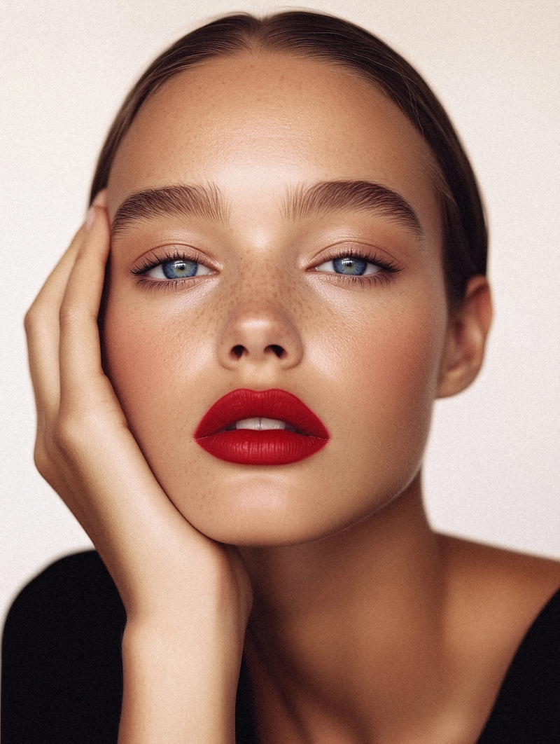 Portrait of a Person with Blue Eyes and Red Lipstick (1)