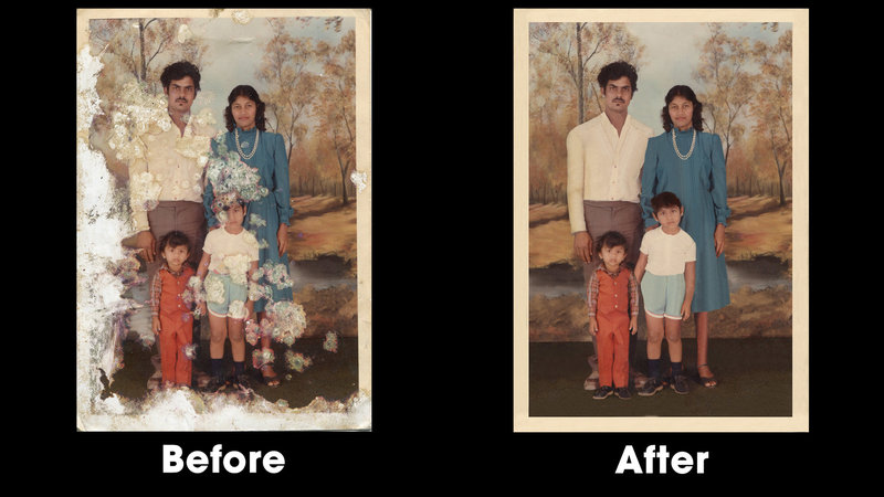 Before and after sample of heavy photo restoration of tears and colouring. By Ross Photography, Trinidad, W.I..