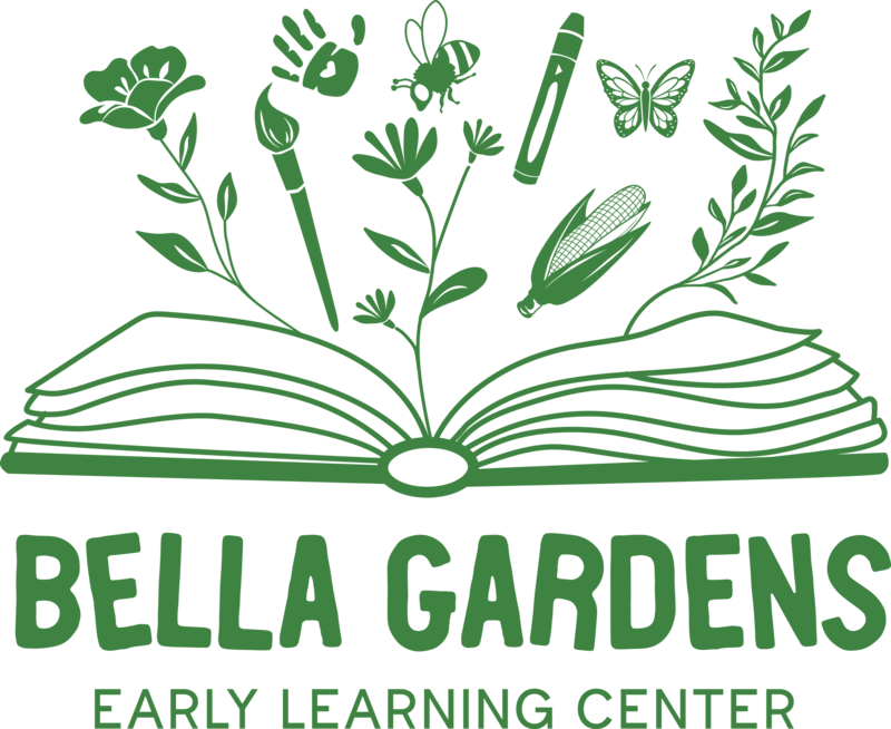 Bella Gardens green logo for nature-based preschool in East Dallas, TX.