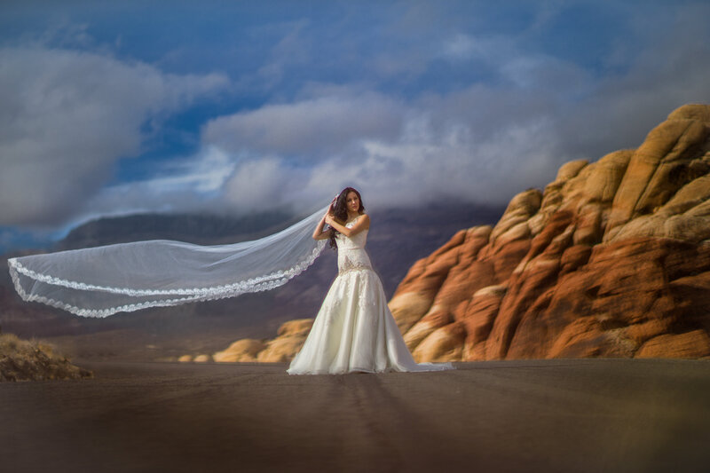 Bold wedding photo of a bride at Red Rocks in Las Vegas, showcasing her personality against the dramatic desert backdrop.