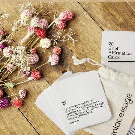 Grief Affirmation Cards on Wood Flowers