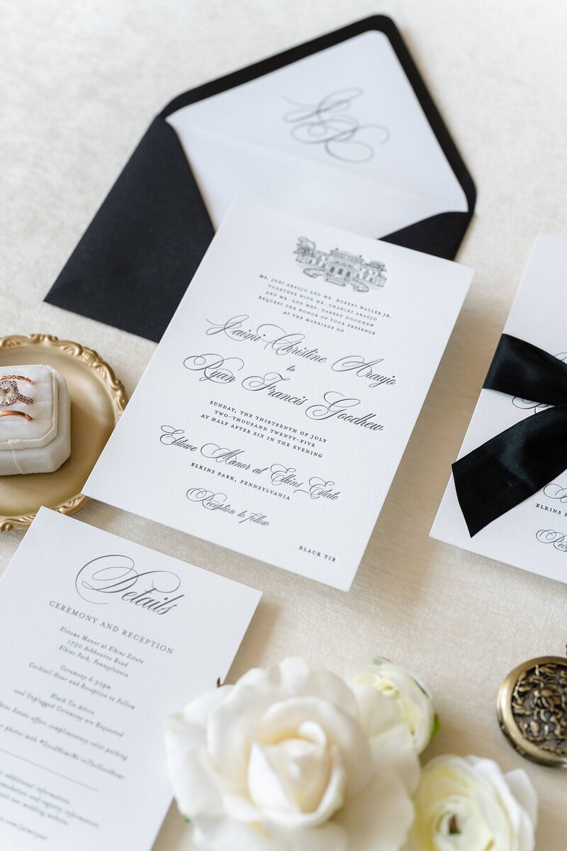 Classic black and white letterpress invitation with a line art venue illustration of Elkins Estate