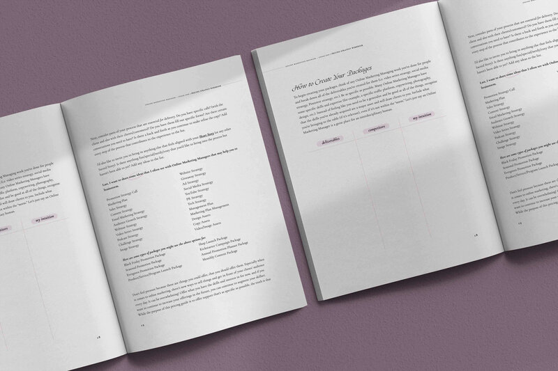 mock of the pricing strategy workbook, stage one. Purple colors. book open