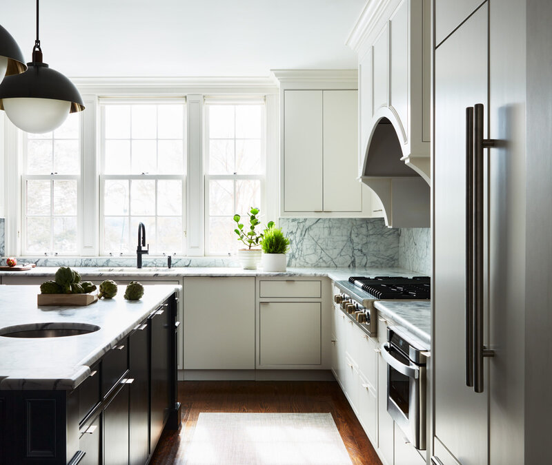 Historic home kitchen design by Boston interior decorator with modern updates in a Concord home renovation.