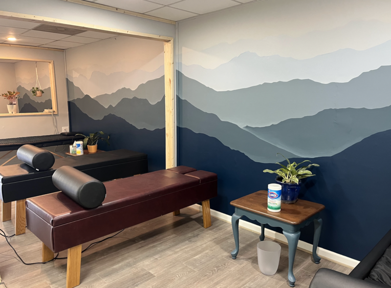 A beautiful, open therapy area, featuring a mountain mural by local Easley artist, inside Thrive Chiropractic.