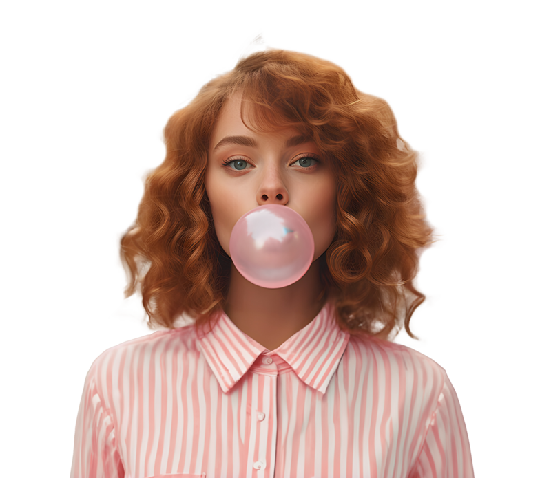 Femme rousse avec chemise bariolée rose et blanche, faisant une énorme bulle rose avec son chewing-gum.