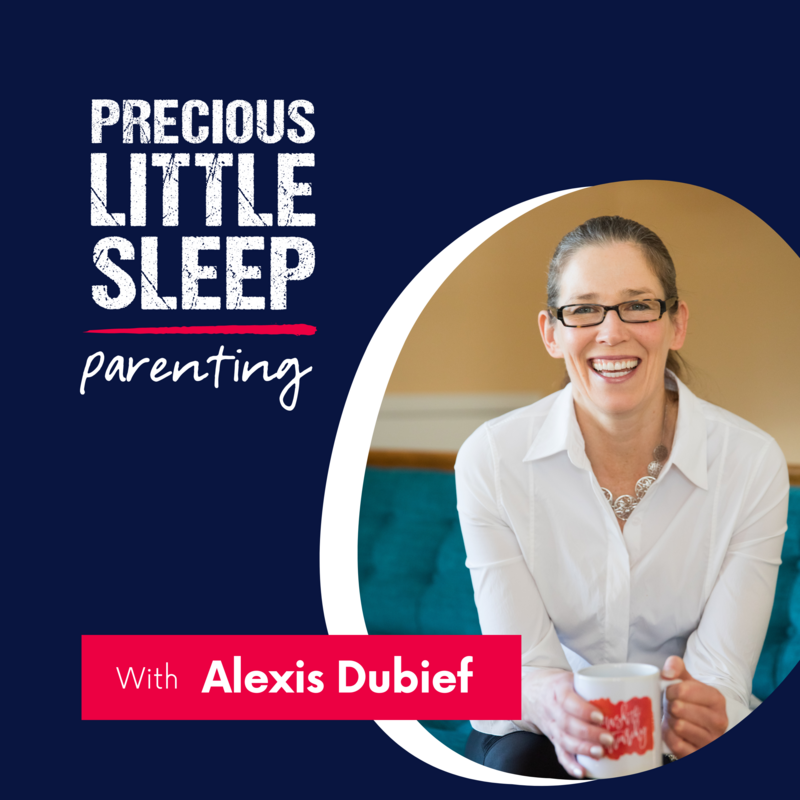 woman sitting on a couch with a mug smiling with text around her that says "precious little sleep parenting with alexis dubeif"