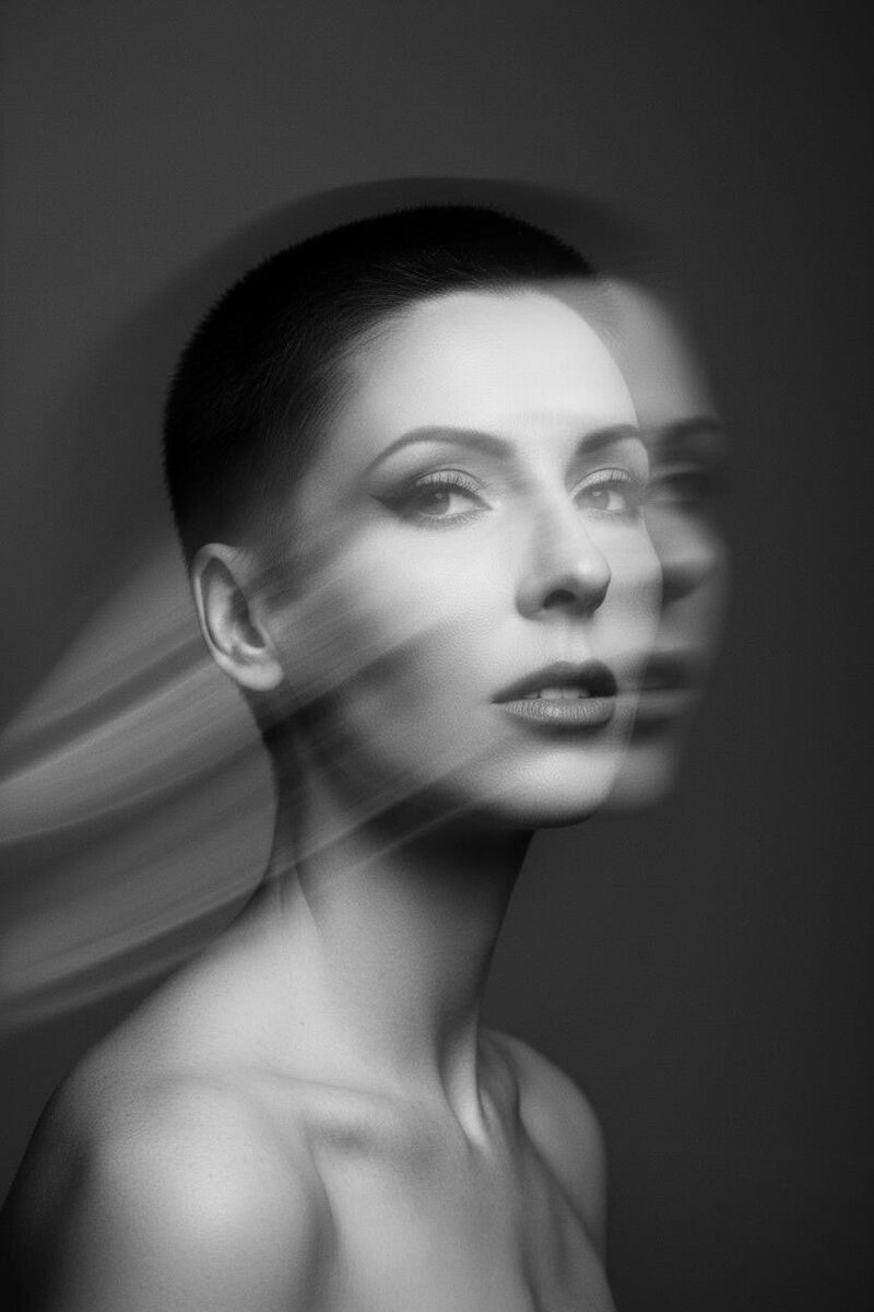 Black and white portrait of Jasmina Kimova with motion blur symbolizing personal transformation and identity evolution.