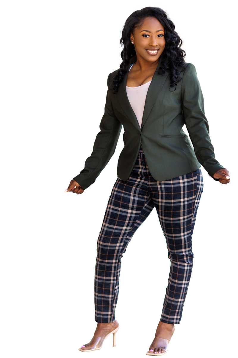 African American woman business owner full body portrait in green blazer