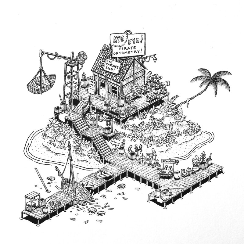 Isometric Pen and Ink illustration of a pirate island that specializes in optometry