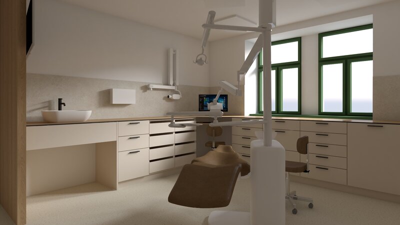 Vizualizace ordinace v minimalistickém designu a pohled na mikroskop