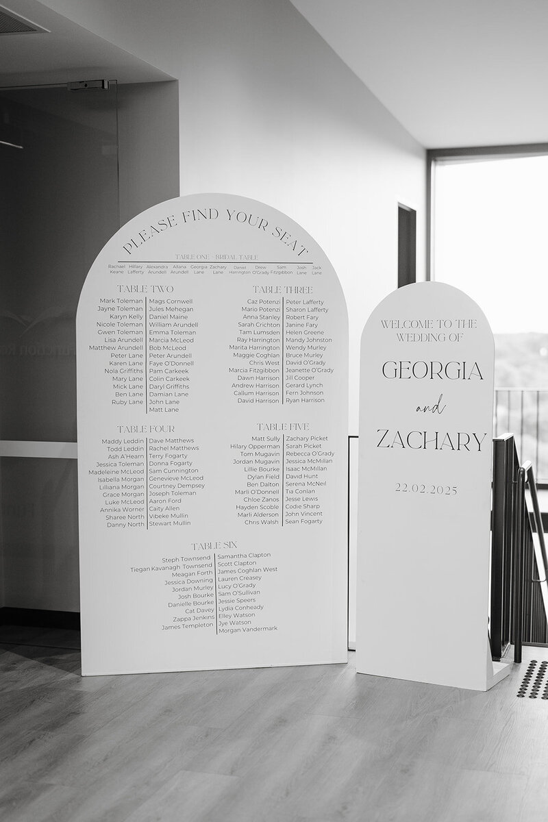 Personalised custom signage for a welcome sign and table seating chart