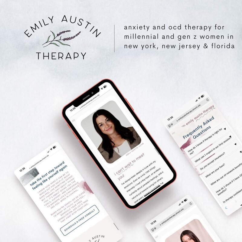 Multiple mobile device screenshots of website designs for therapists on a cloudy blue background.