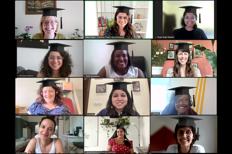Shifting Power Accelerator live cohort calls. Maya and 11 other students celebrate their graduation