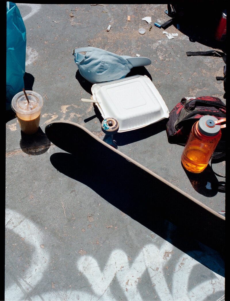 A skate boarders lunch and drink