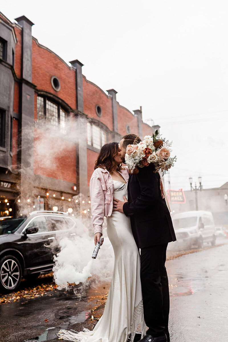 moody portland wedding couple