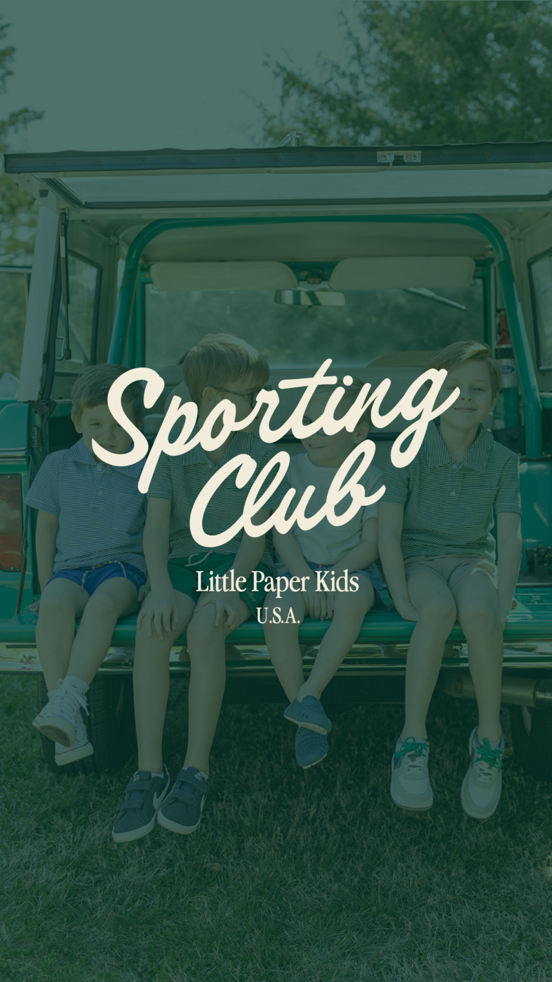 Little Paper Kids Sporting Club logo on top of an image of little boys sitting in the back of a Bronco