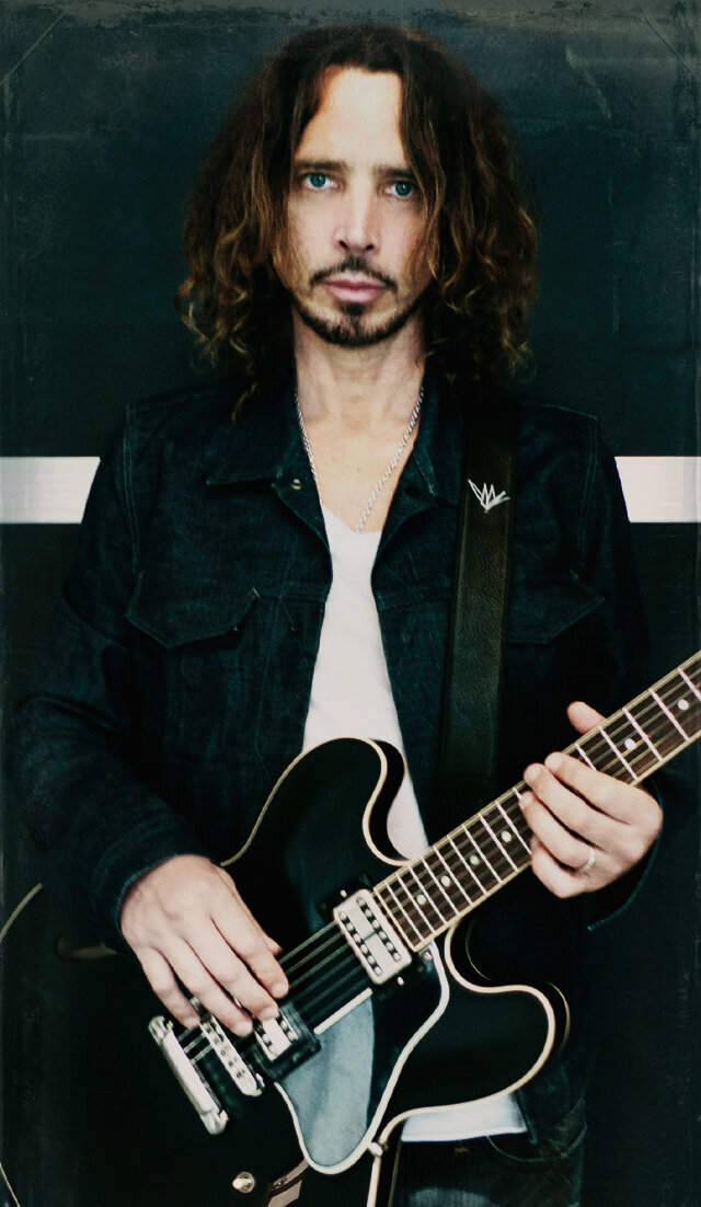 Chris Cornell Musician Portrait Beverly Hills standing with Signature ES-335 Gibson Guitar