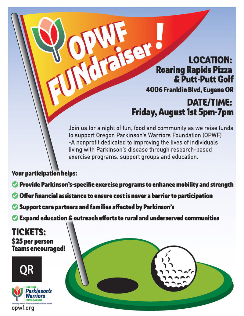 Flyer for the OPWF Miniature golf fundraiser event. A of a miniature golf hole and flag, and details about the event.