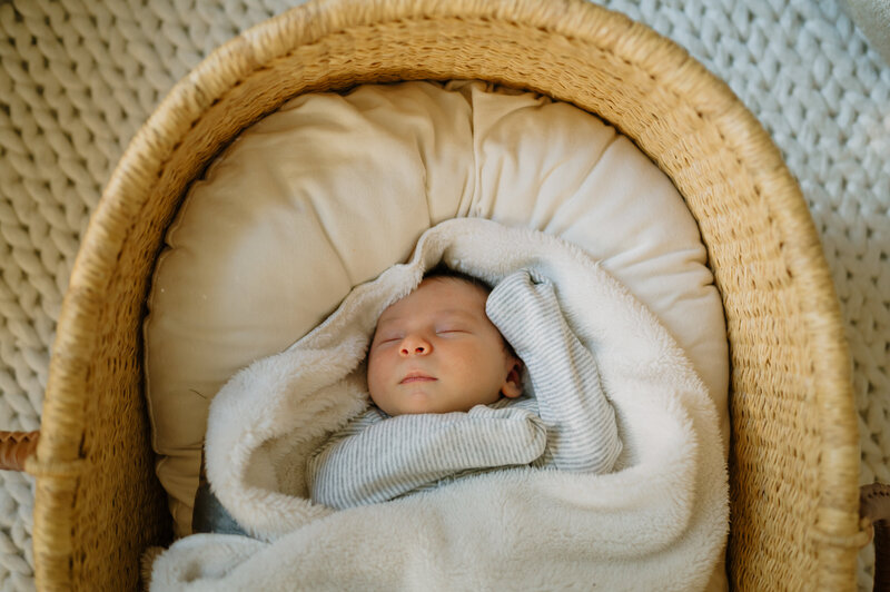 Baby wrapped in a blanket in a Moses blanket