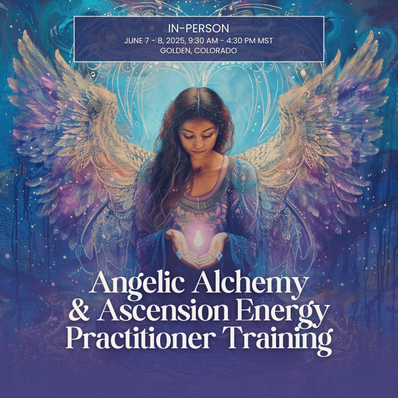 Illustrated image of a woman with angel wings holding glowing light, symbolizing angelic energy and ascension. Text overlay reads: Angelic Alchemy & Ascension Energy Practitioner Training.