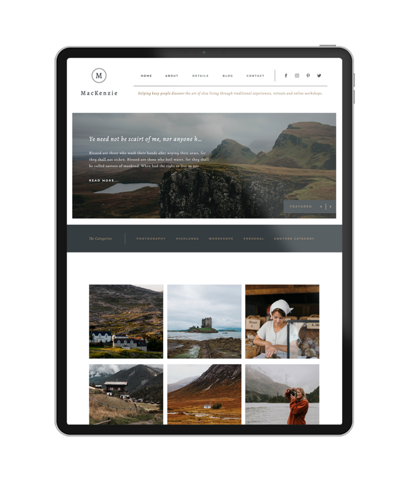 Mockup of ipad featuring blog focused website of traveling photographer with landscape photos
