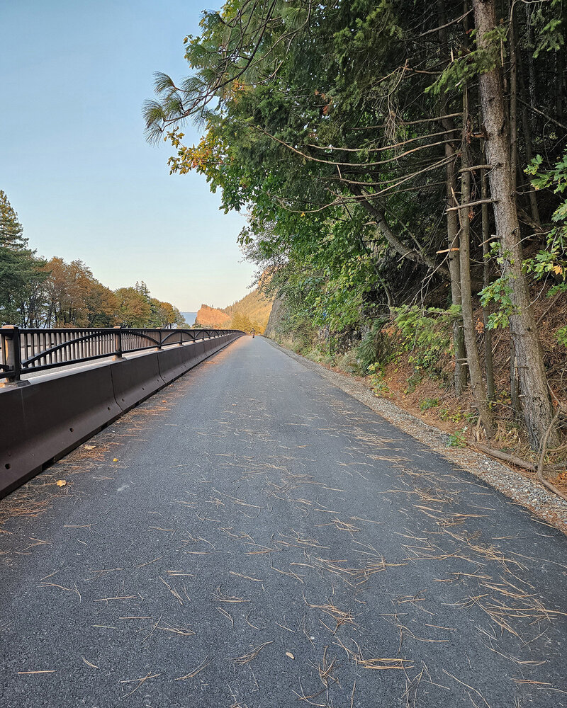 Experience an accessible and enjoyable bike path lined with trees at Viento State Park with The Gorge E-Bike Adventure Rentals