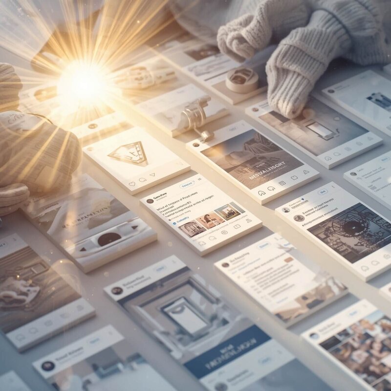 Mise en scène de publications de réseaux sociaux disposées sur une table, éclairées par un rayon lumineux, illustrant le pack Rayonnement dédié au community management de Lili Créa Design à Saint-Nazaire