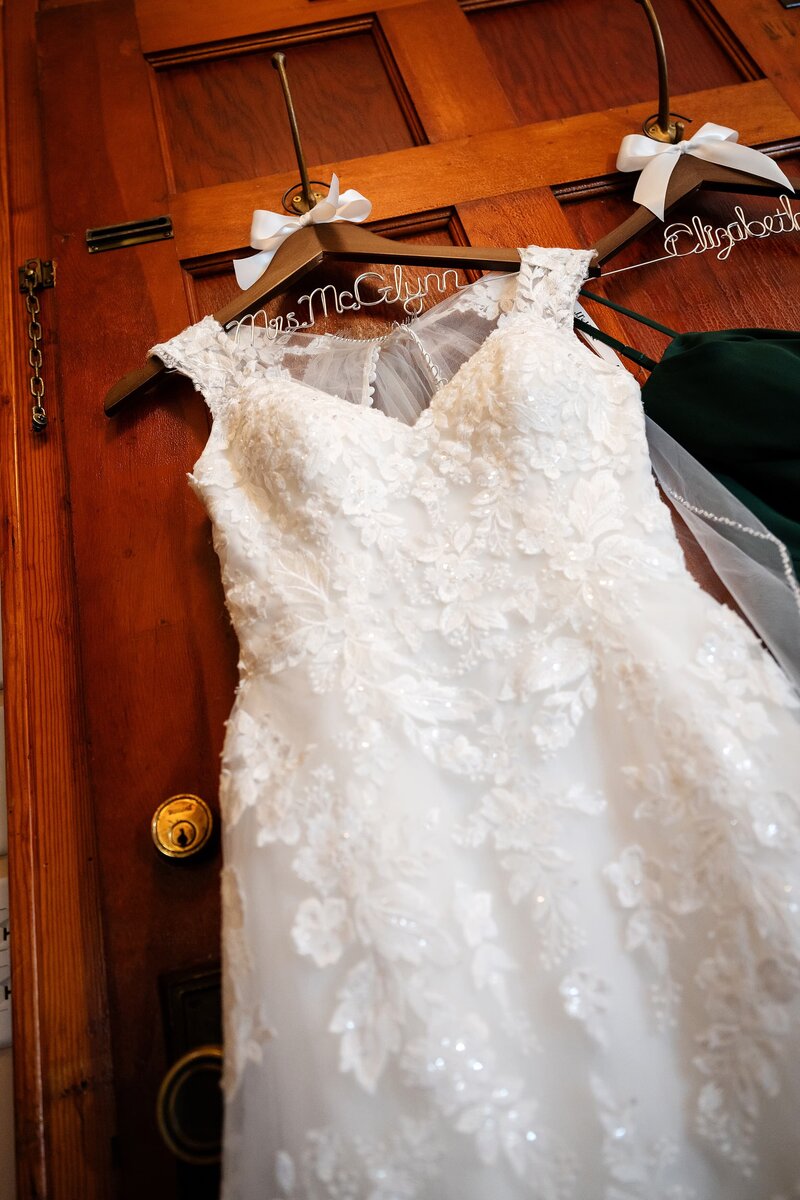 Brides wedding dress hanging