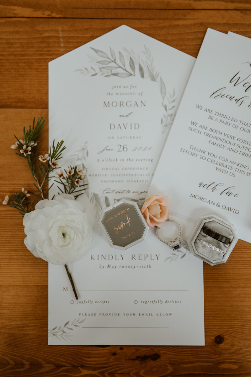 Flatlay of wedding invitation suite for Connecticut wedding