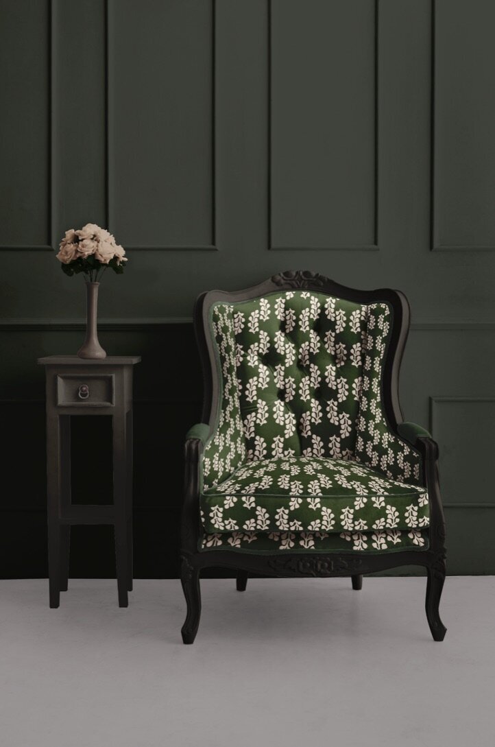 Romantic, sophisticated, vintage inspired print in deep forest green and pale, warm pink showcase botanical pieces in a symmetrical flow