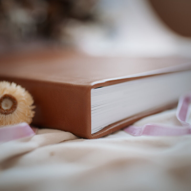 Close up of spine on Tan leather wedding album