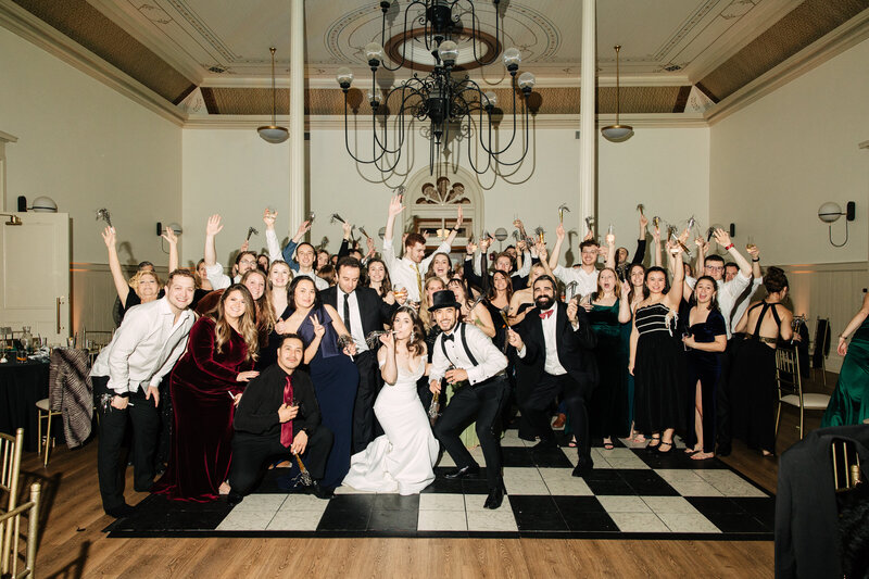 group photo of wedding during New Year's Eve in Chicago suburb