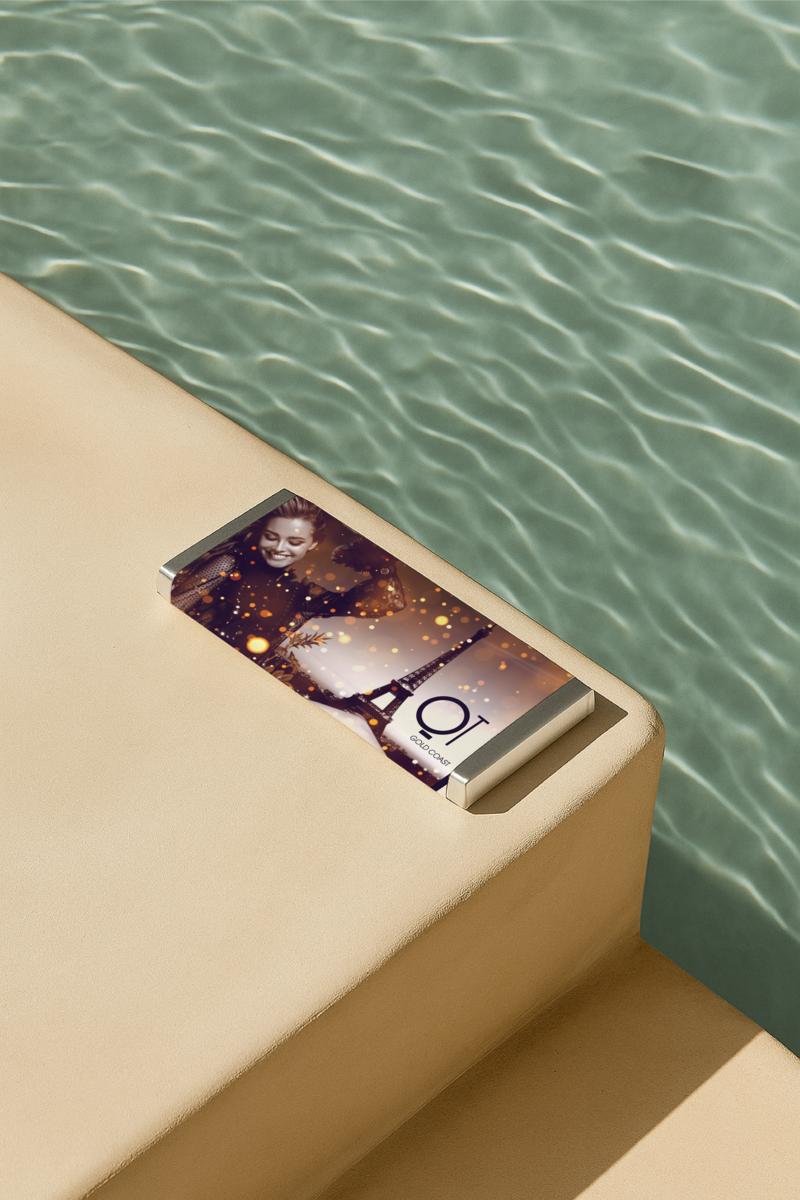 Personalised minimalist chocolate bar for Driftwood Social at Vibe Hotel, part of TFE Hotels. Designed by Barilliant for premium guest gifting and events, featuring sleek black packaging and contemporary luxury styling.