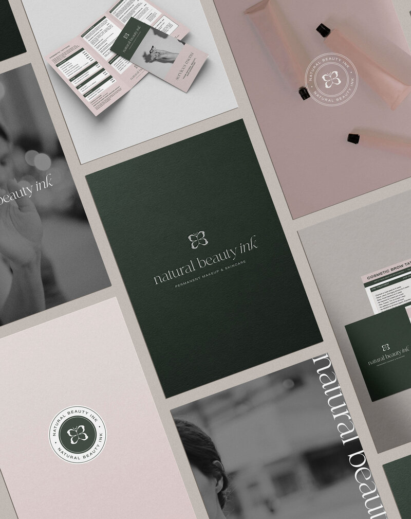 Collage of brand elements in green, pink, and black and white for feminine rebrand.